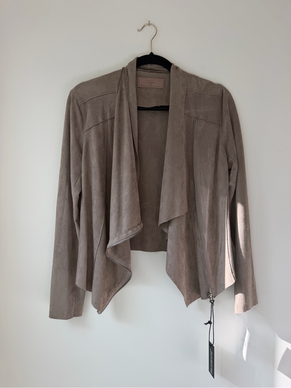 Blank NYC Taupe Draped Faux Suede Jacket